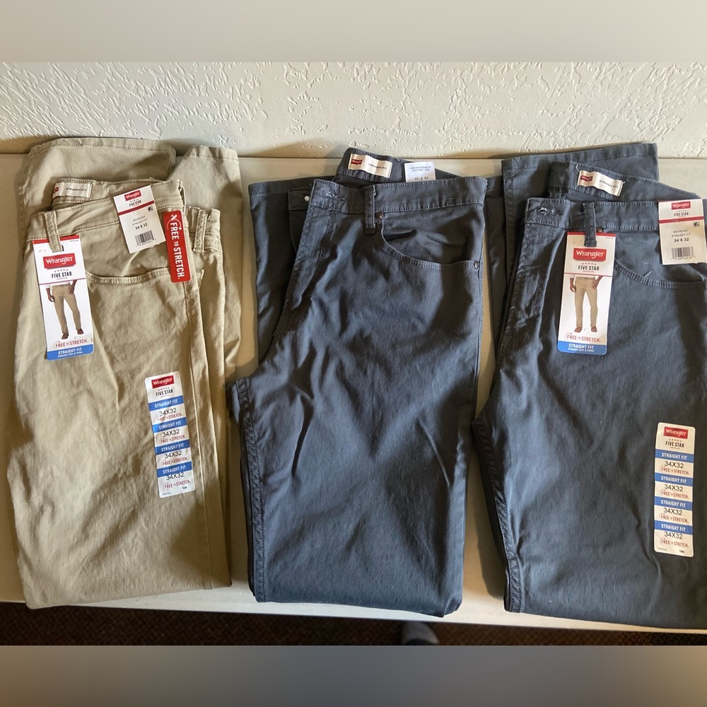Three (3) pairs of Men’s Wrangler straight fit pants.  Size 34x32.